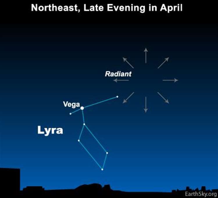 The meteor shower is centred to the east of the Lyra constellation in the north-eastern sky. Pic: EarthSky.org